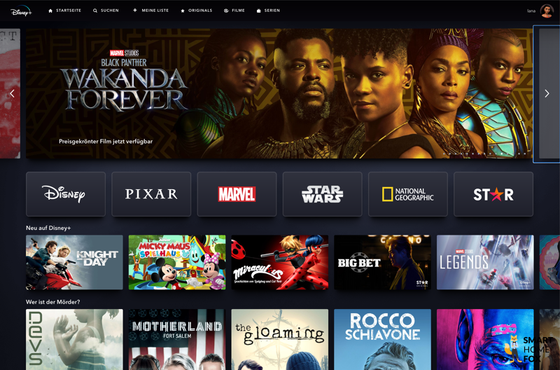 Screenshot des Home Bildschirms von Disney+